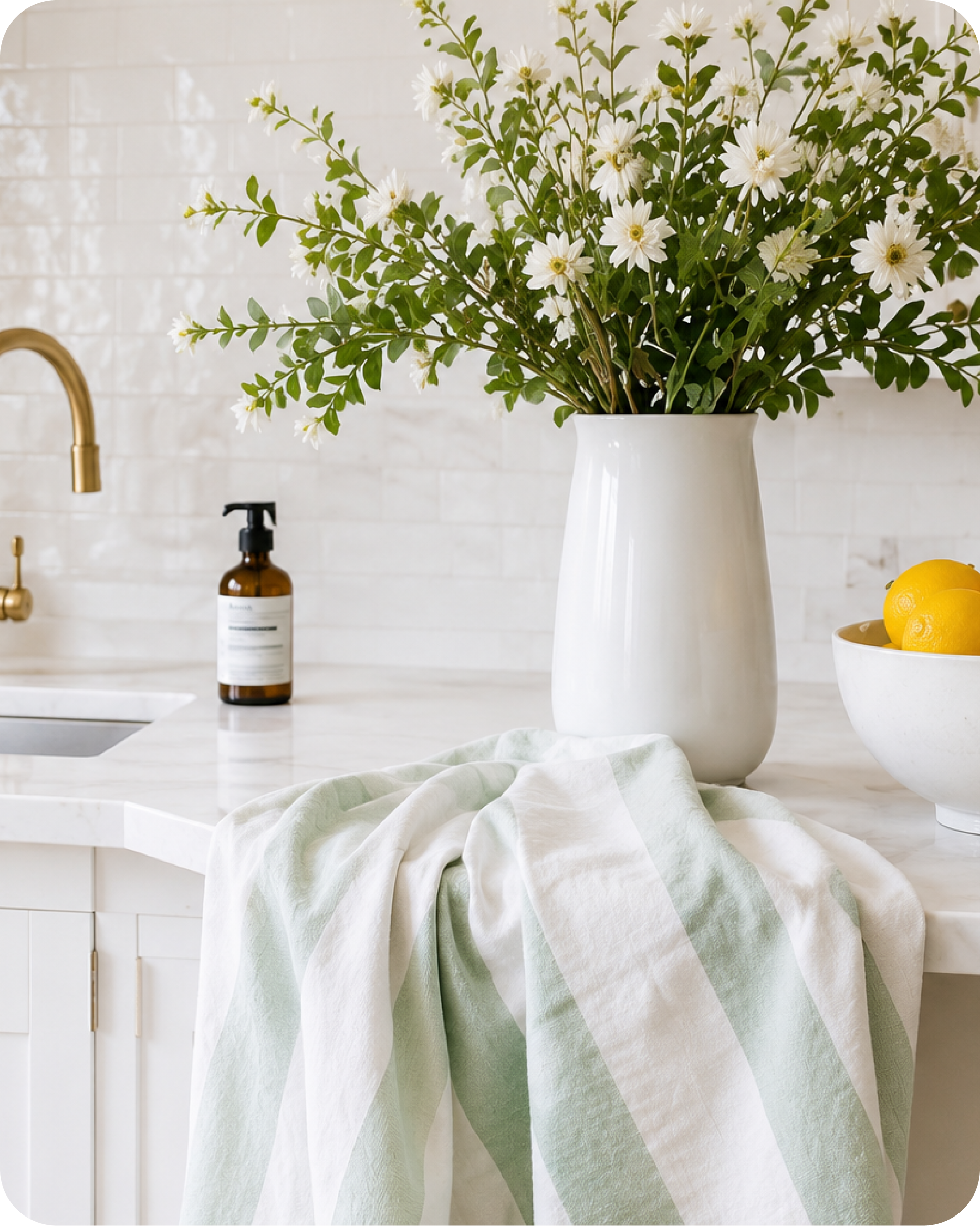 A white kitchen countertop with a white vase filled with white daisies and green leaves, a bowl of lemons, a dark brown soap dispenser, and a beige towel with green stripes. In the background is a white tiled wall and a gold faucet.