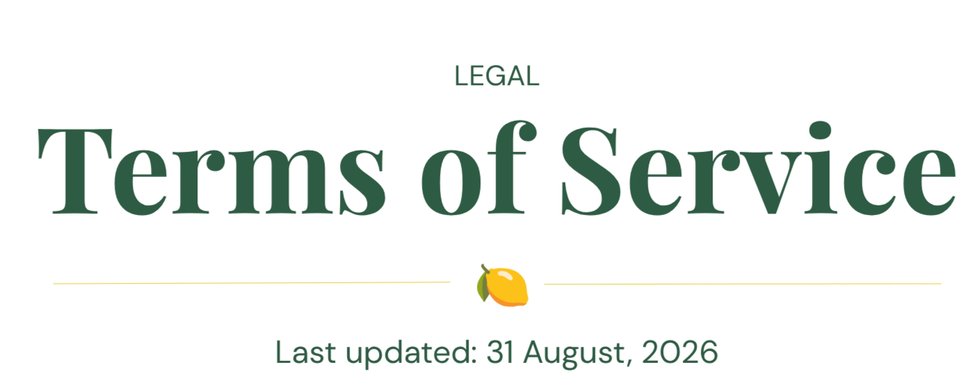 Legal Terms of Service document with lemon icon, last updated on August 31, 2026.