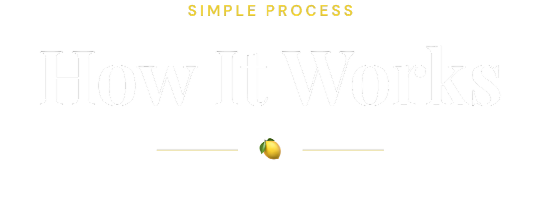 Graphic with black background, yellow and white text, and a lemon graphic. Title reads 'Simple Process: How It Works'.