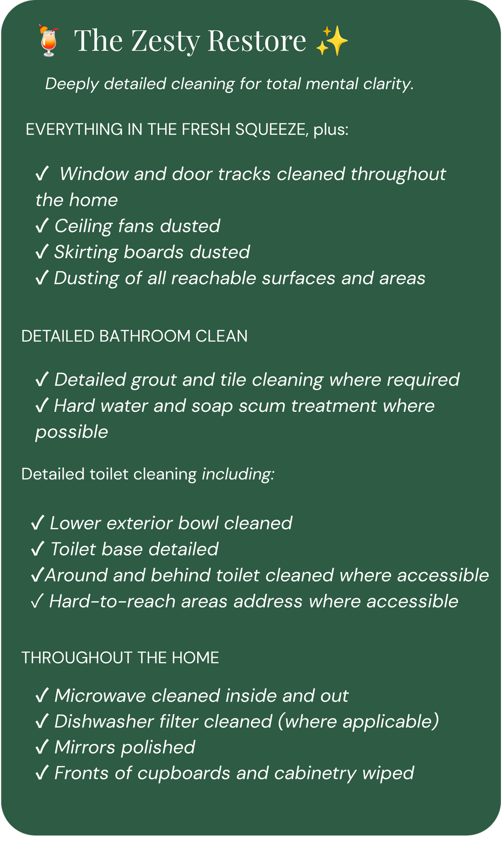 A green poster for The Zesty Restore cleaning service. It lists detailed cleaning services for home and bathroom, including window, door, and appliance cleaning, as well as general home and kitchen sanitation procedures.