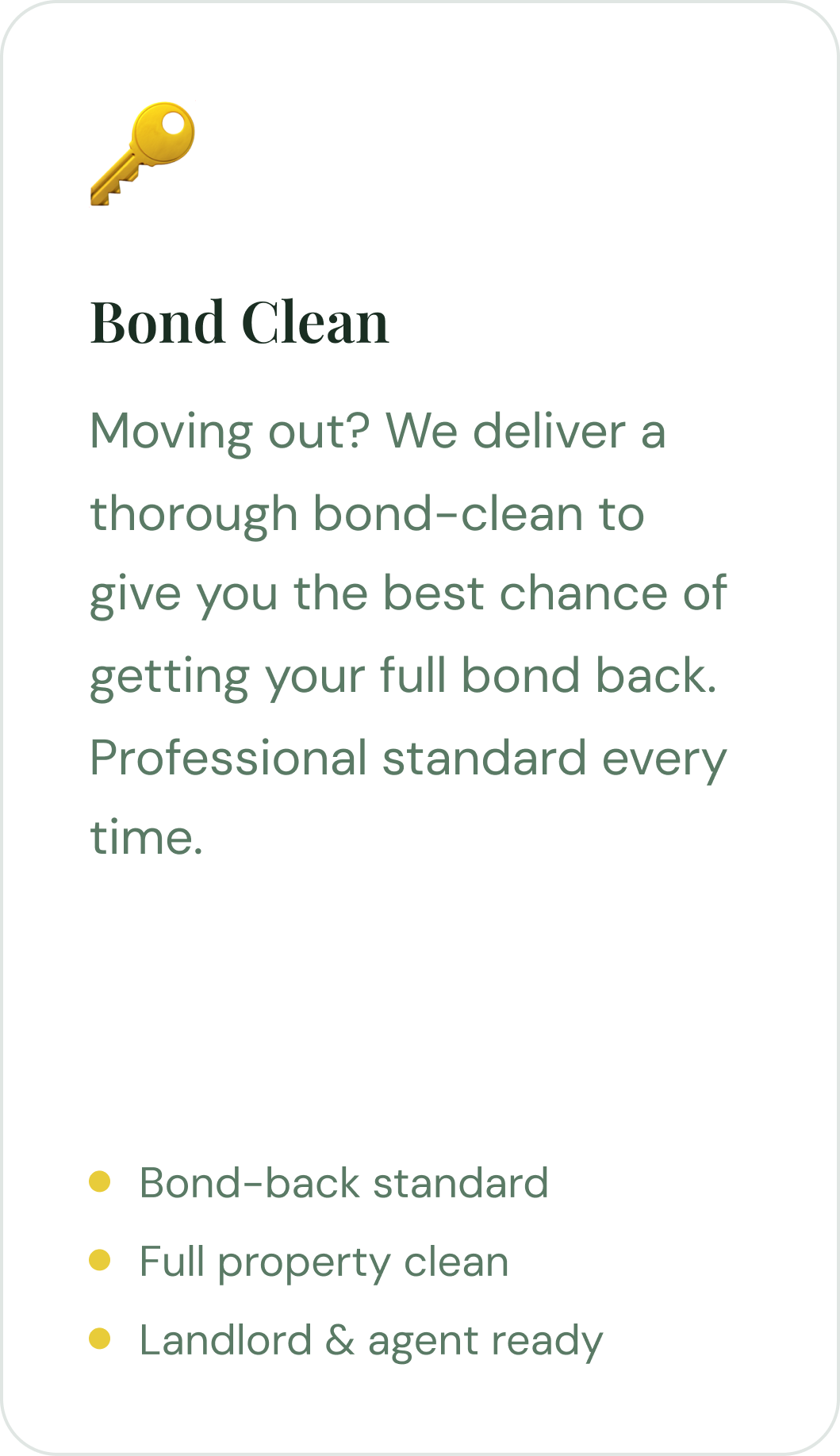 Advertisement for a professional bond cleaning service featuring a gold key icon and details about the service.