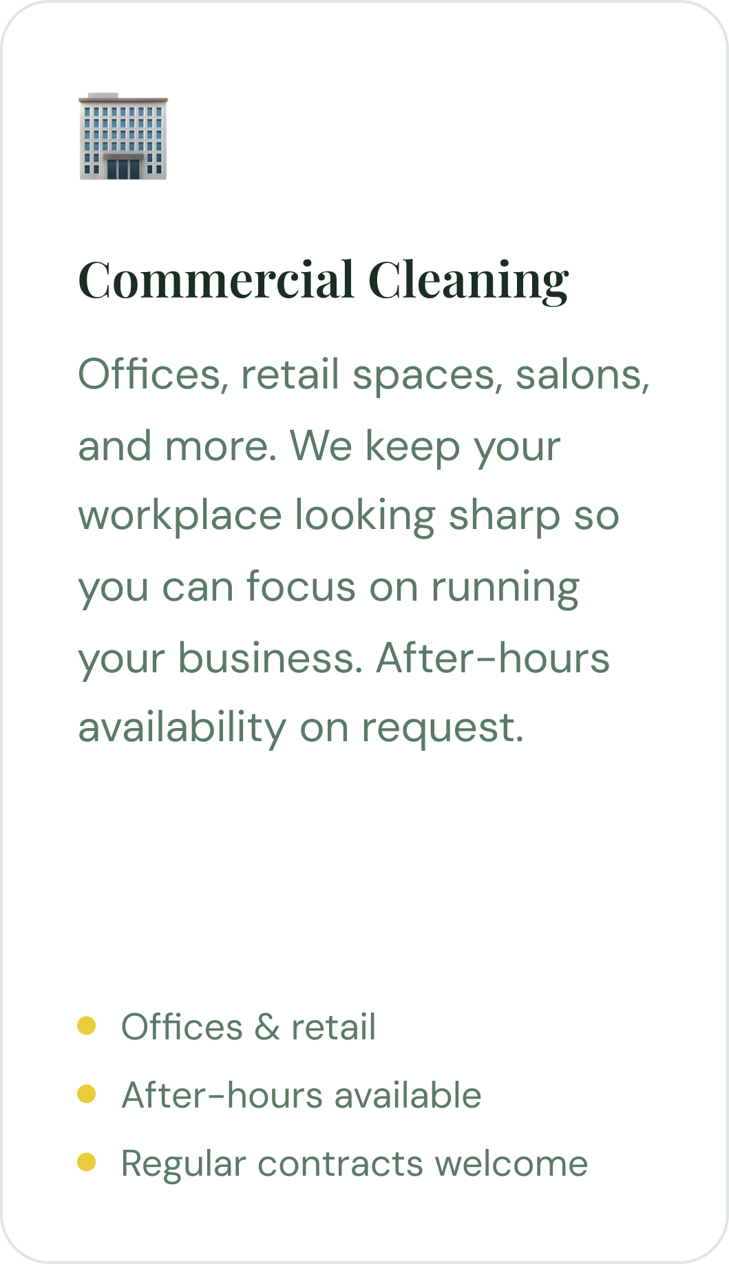 Icon of a tall office building and text about commercial cleaning services for offices, retail spaces, salons, and more, highlighting workplace cleanliness and after-hours availability.