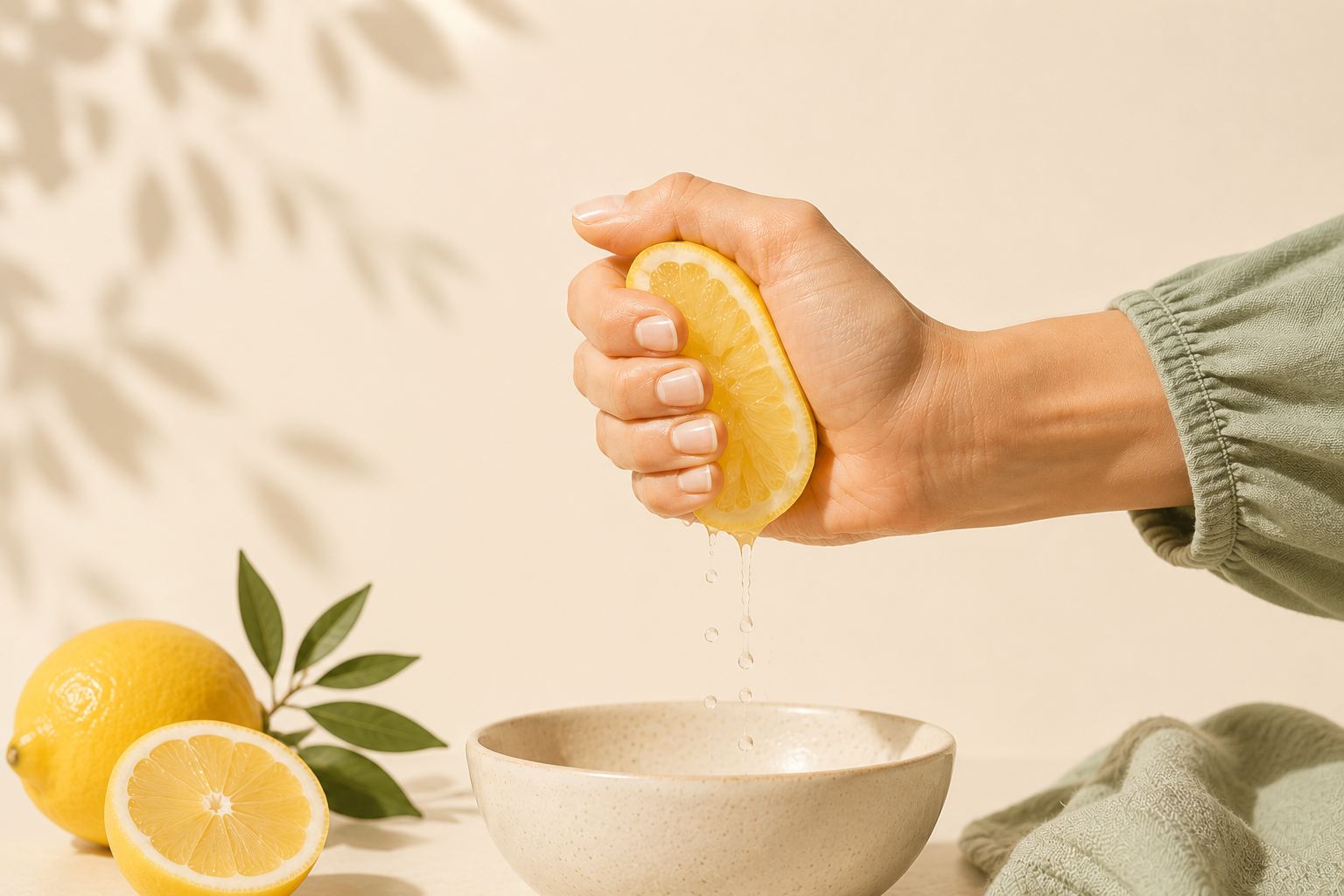 A hand squeezing a lemon over a bowl with lemon juice, with whole and sliced lemons and green leaves on a light background.