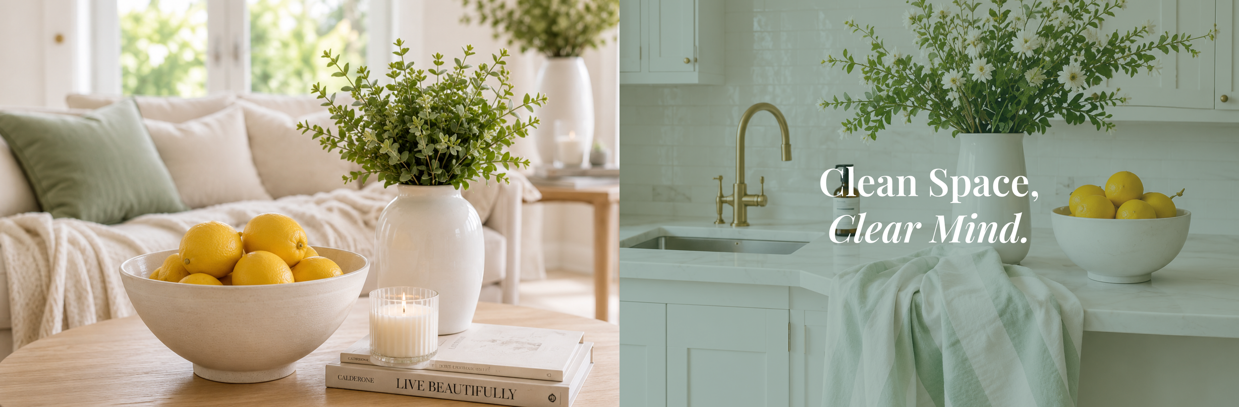 Living room and kitchen with white decor, bowls of lemons, green plants, and text overlay saying "Clean Space, Clear Mind."