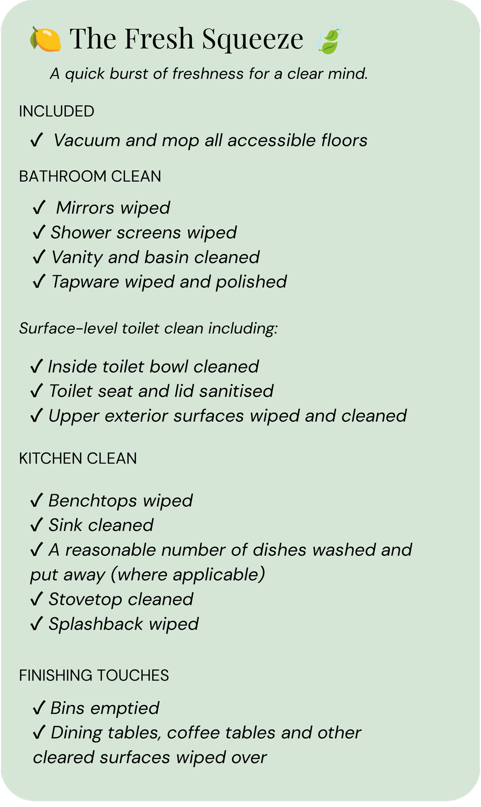 A cleaning checklist titled 'The Fresh Squeeze' with lemon and lime icons, listing tasks for cleaning bathrooms, kitchens, and finishing touches.
