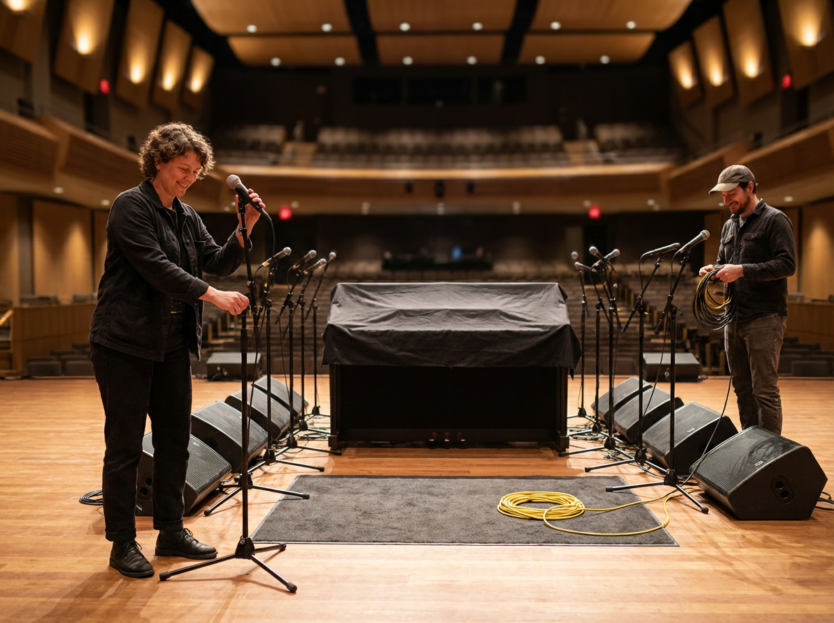 Two people setting up microphones on a stage in an auditorium.