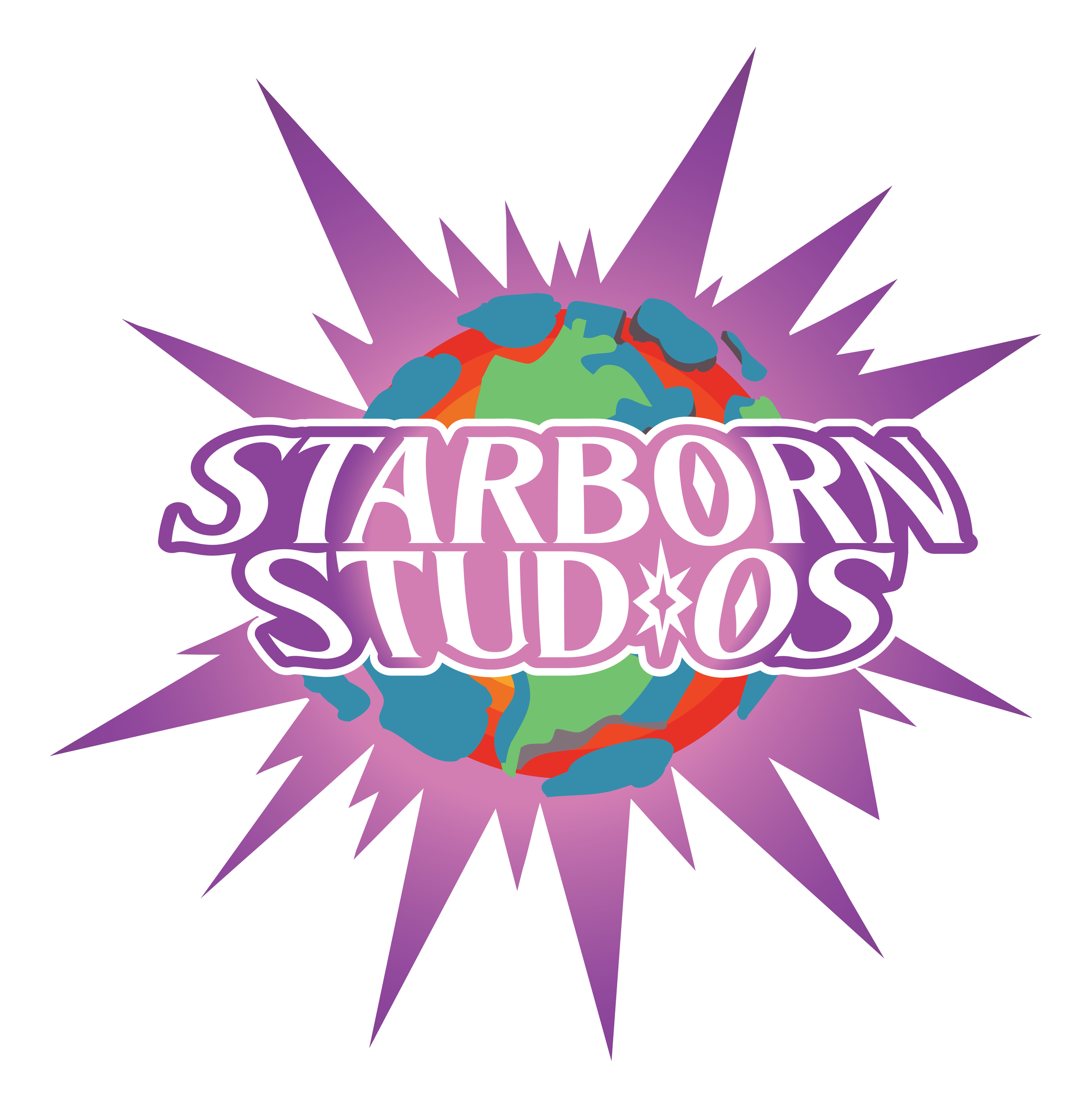 A colorful logo with the words "Starborn Studios" over a stylized planet with vibrant orange, green, and blue continents, and purple lightning or energy effects surrounding it.