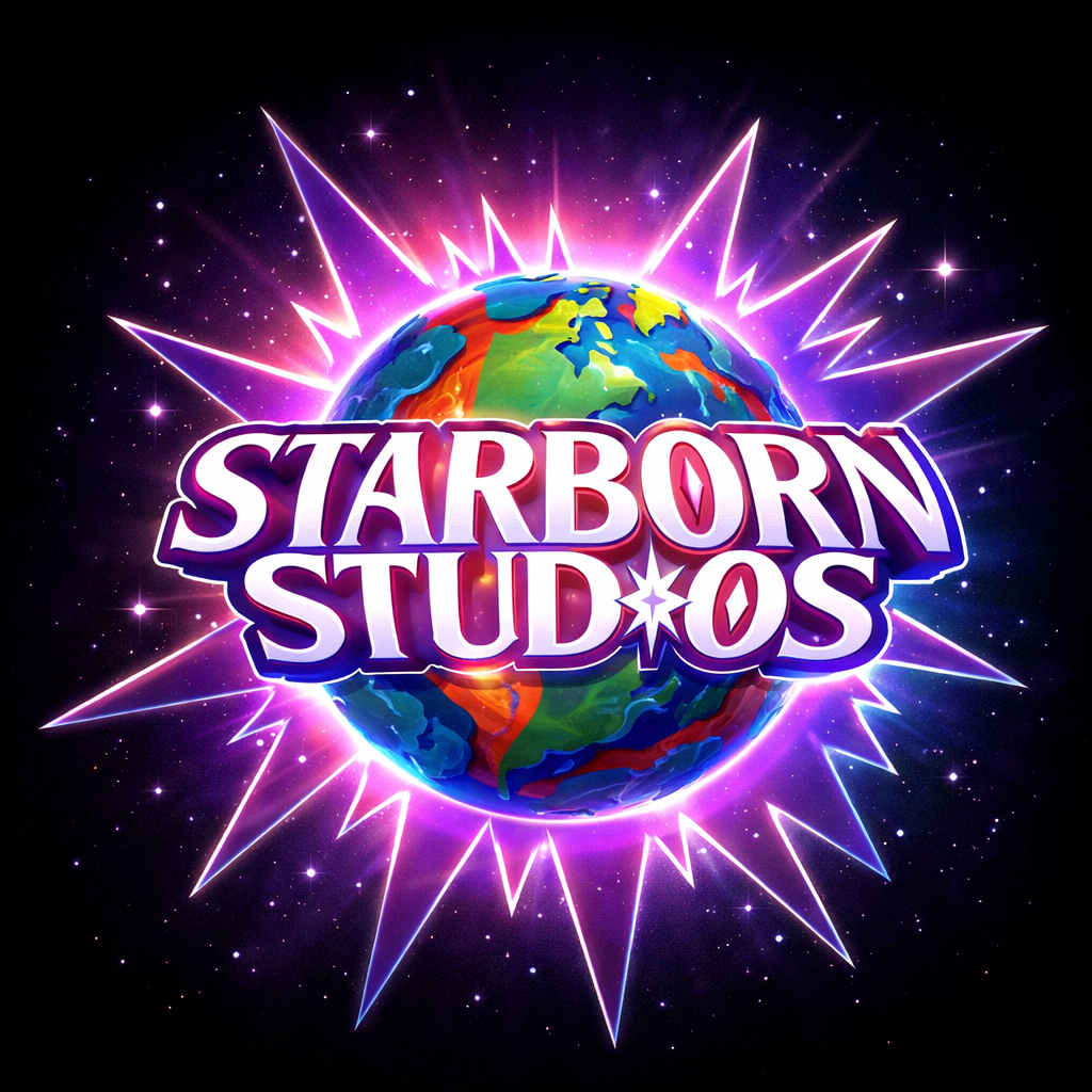 Colorful logo for Starborn Studios featuring a vibrant Earth with a glowing neon outline and a starburst background.