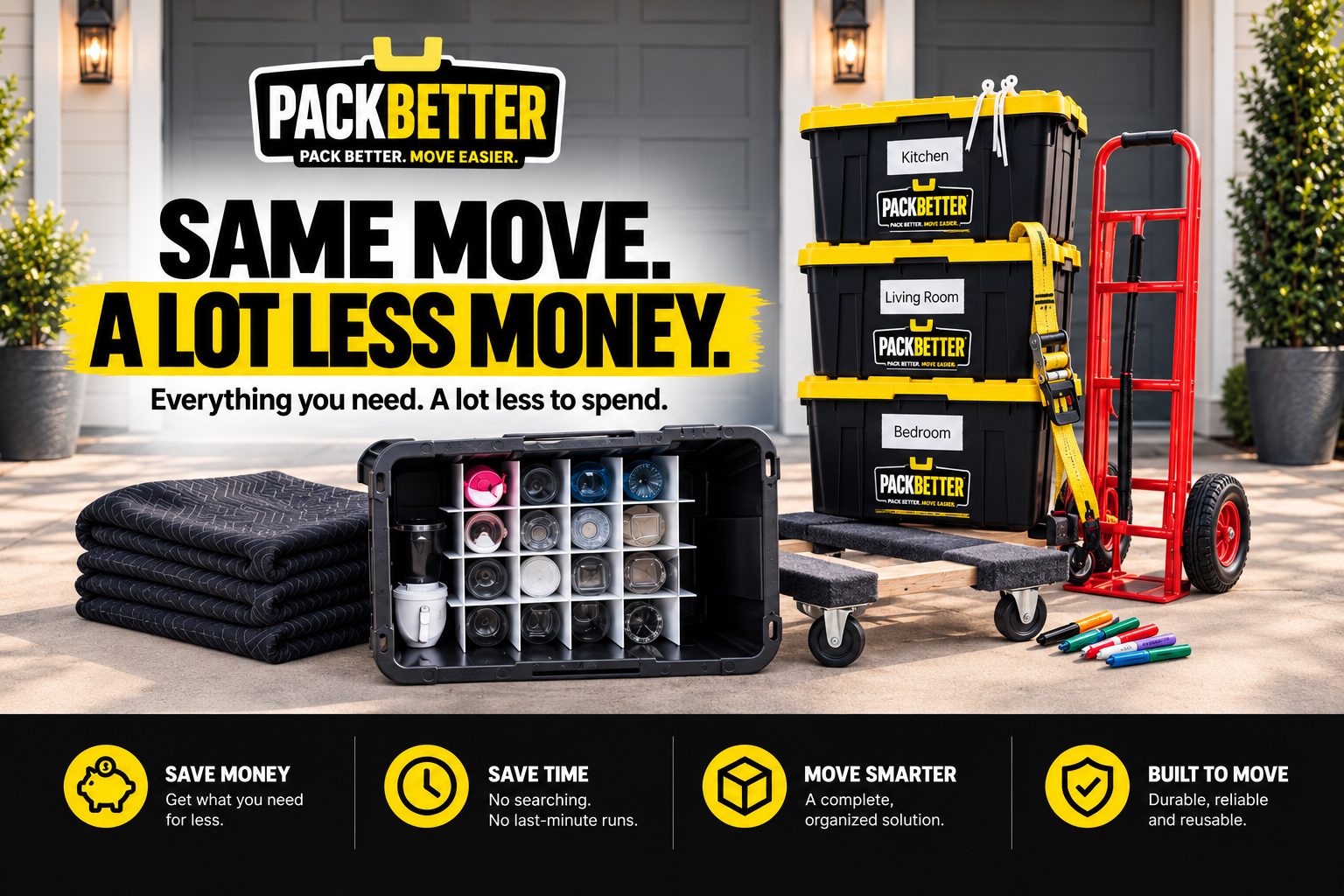 PackBetter moving kit with reusable moving totes, dollies, blankets, ratchet tie-downs, permanent markers and glassware protection.