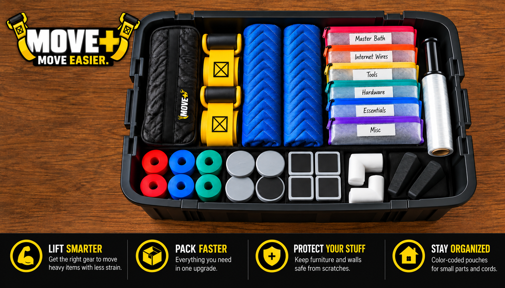 PackBetter Move+ moving upgrade with lifting straps, moving blankets, organization pouches, stretch wrap, moving bands, furniture sliders, corner protectors and doorstops.