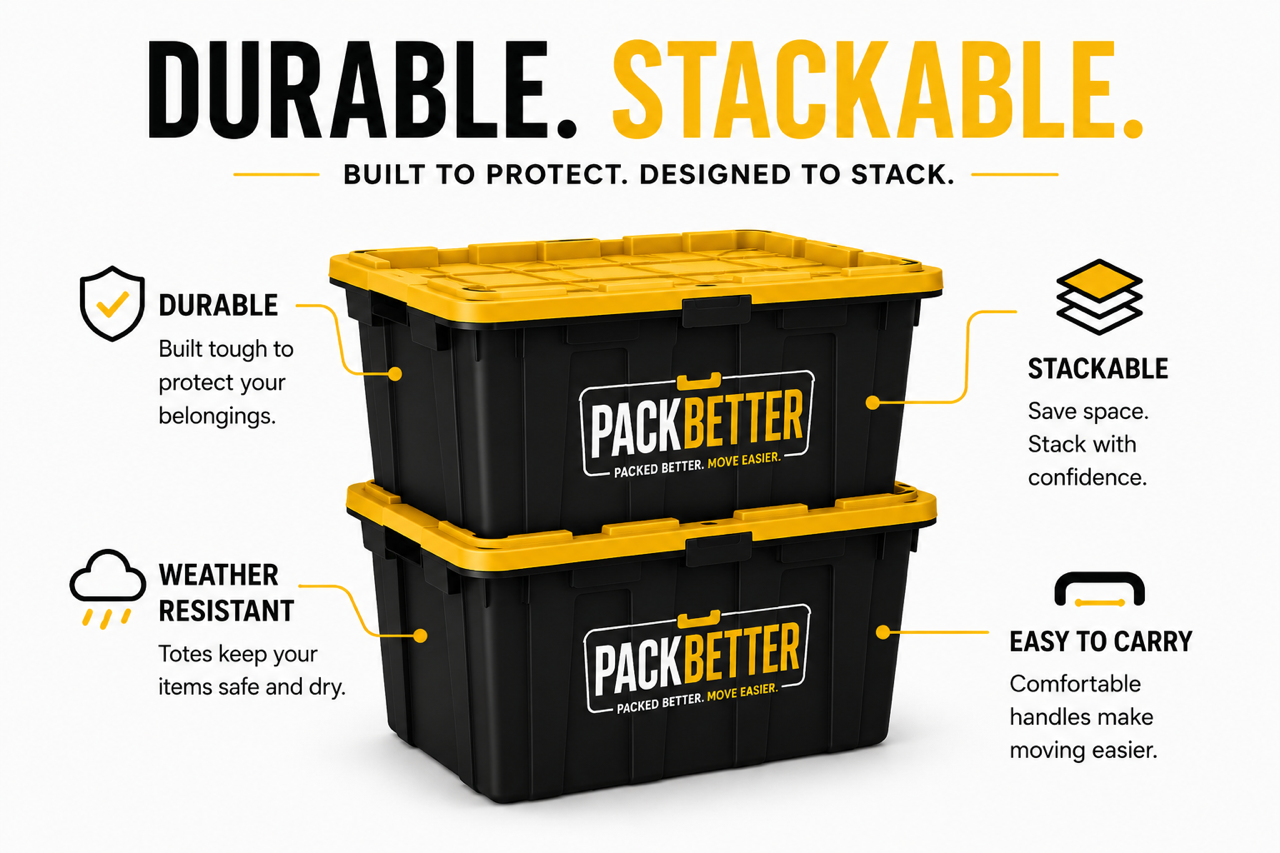 Two black and yellow storage bins stacked, labeled 'PACKBETTER,' with features highlighted such as durability, weather resistance, stackability, and ease of carrying.