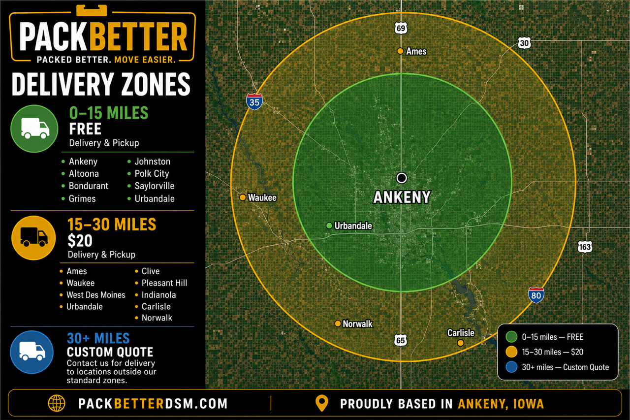 Map illustrating delivery zones of Pack Better in Ankeny, Iowa, with color-coded circles representing different distance ranges: green for 0-15 miles, yellow for 15-30 miles, and blue for over 30 miles. The map includes nearby cities and highways.
