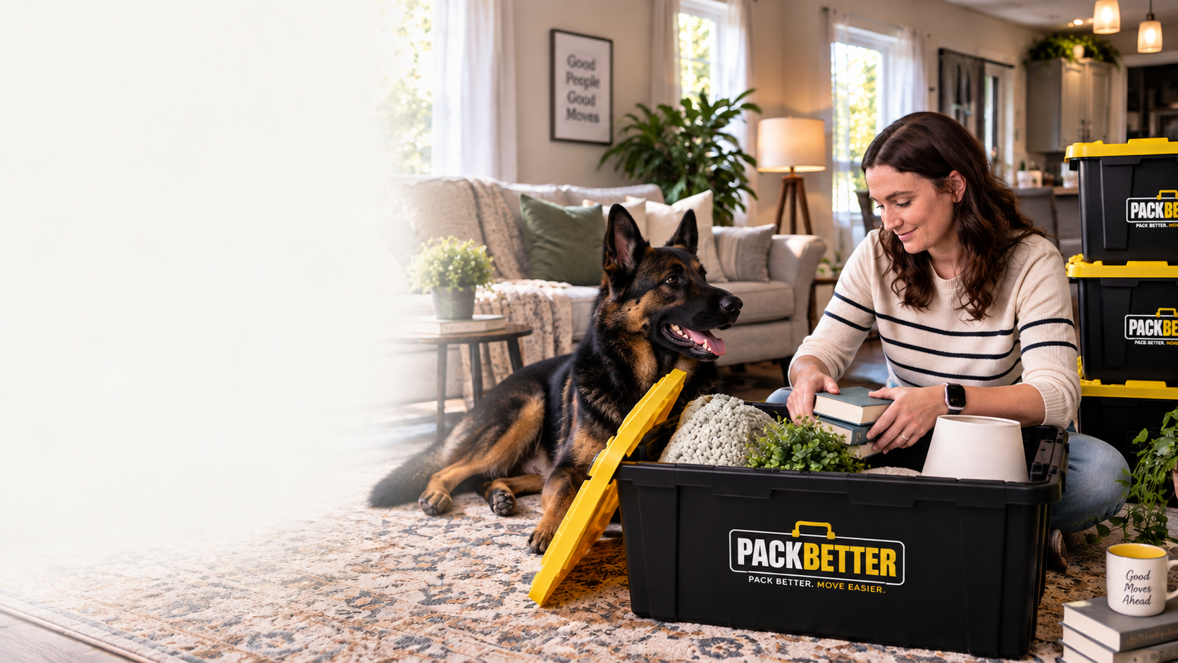PackBetter reusable moving totes being packed in a home