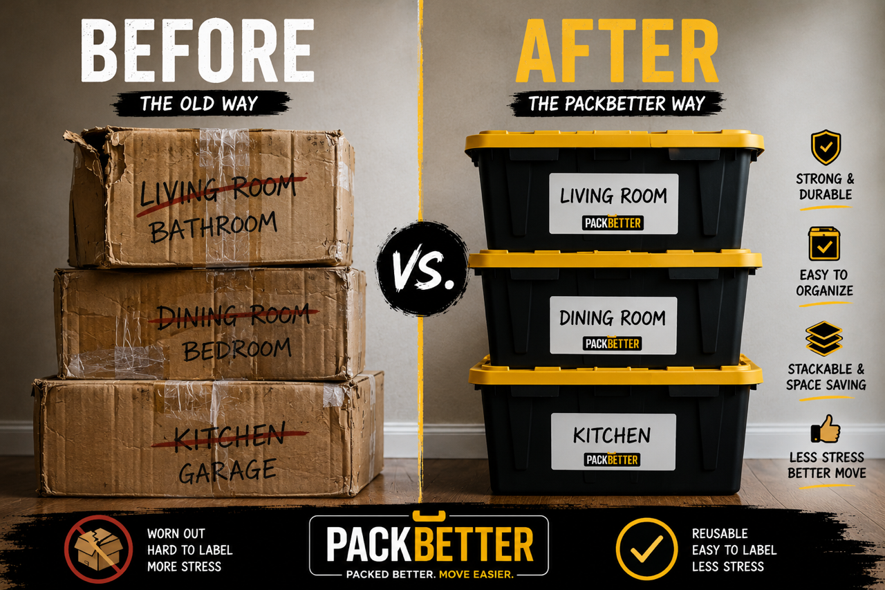 Comparison of cluttered cardboard boxes labeled for rooms on the left and clean stackable storage bins labeled for rooms on the right, with icons indicating the benefits of using storage bins.