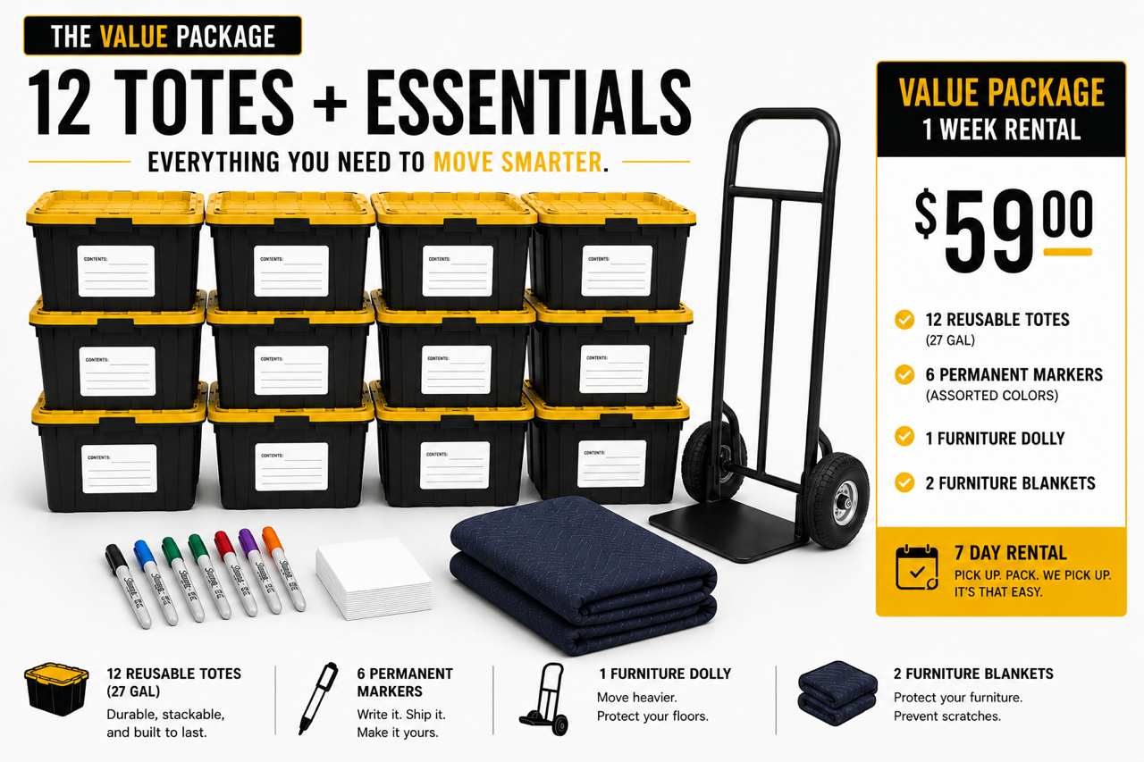 A promotional graphic showcasing a furniture moving kit that includes 12 black and yellow reusable totes, 6 permanent markers, 1 furniture dolly, and 2 furniture blankets, priced at $59 for a one-week rental.