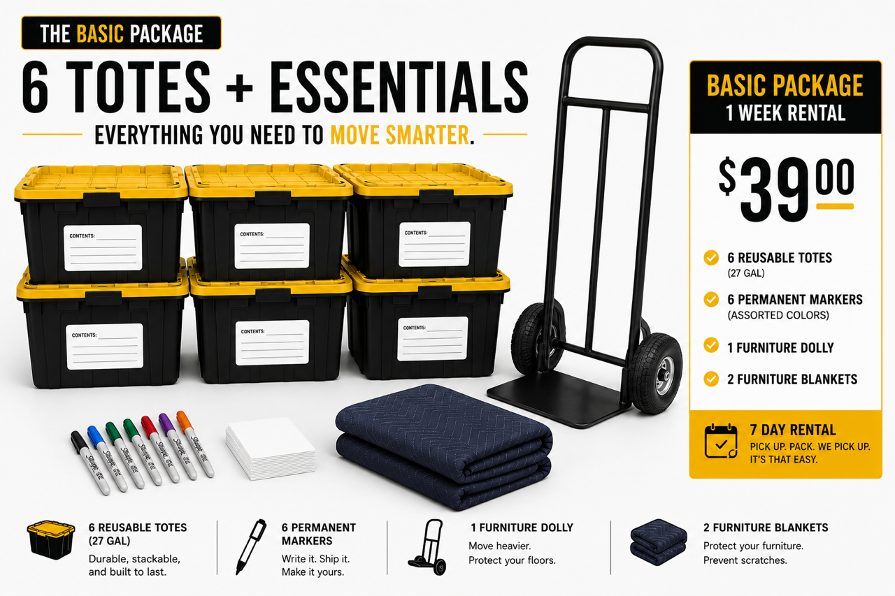 Packaging advertisement for basic moving package including six reusable totes, six permanent markers, one furniture dolly, and two furniture blankets, priced at $39 for a one-week rental.