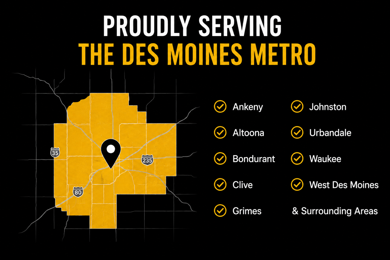 Map of Des Moines metro area with highlighted regions and a list of neighborhoods served, including Ankeny, Altoona, Bondurant, Clive, Grimes, Johnston, Urbandale, Waukee, and West Des Moines.