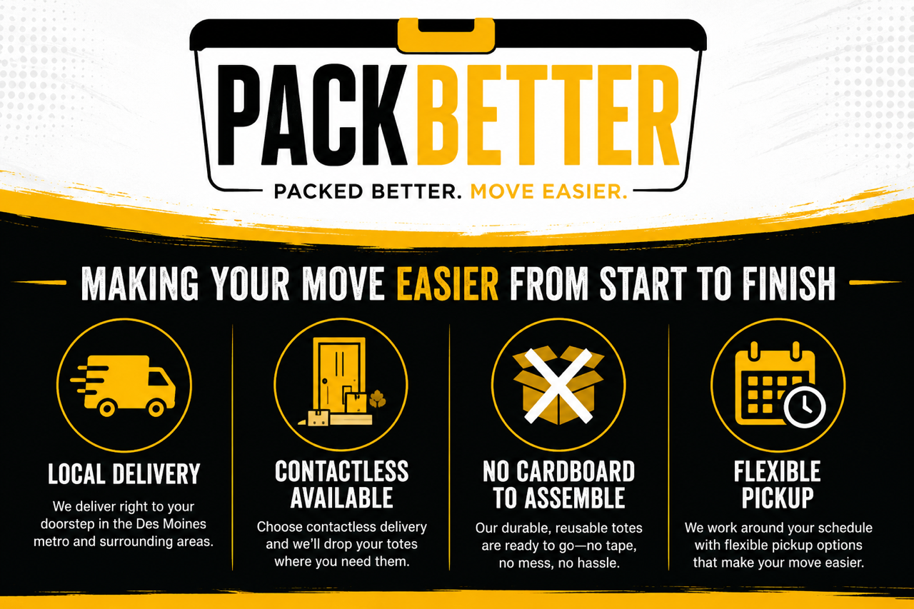 Banner for Pack Better moving service, highlighting features like local delivery, contactless drop-off, no cardboard to assemble, and flexible pickup options.