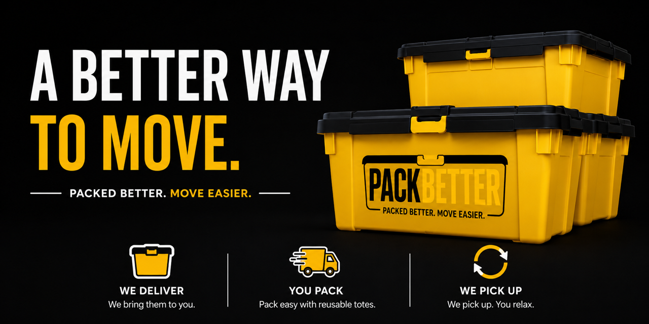 Yellow storage containers with black lids displaying the tagline "PackBetter" on a black background.