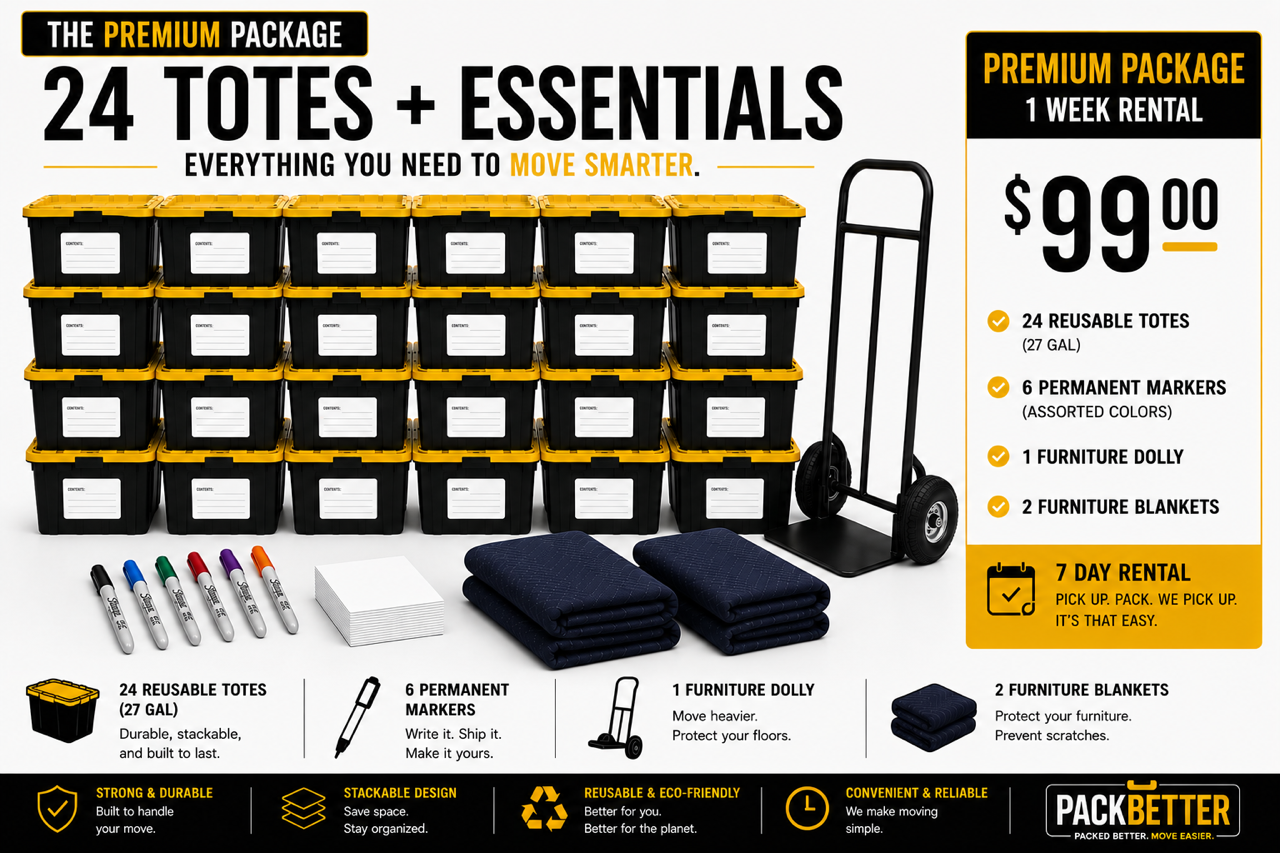 An advertisement for a moving supply package, featuring 24 black and yellow reusable plastic totes stacked in a pyramid, along with packing essentials such as markers, boxes, furniture dollies, and blankets, all priced at $99 for a seven-day rental.