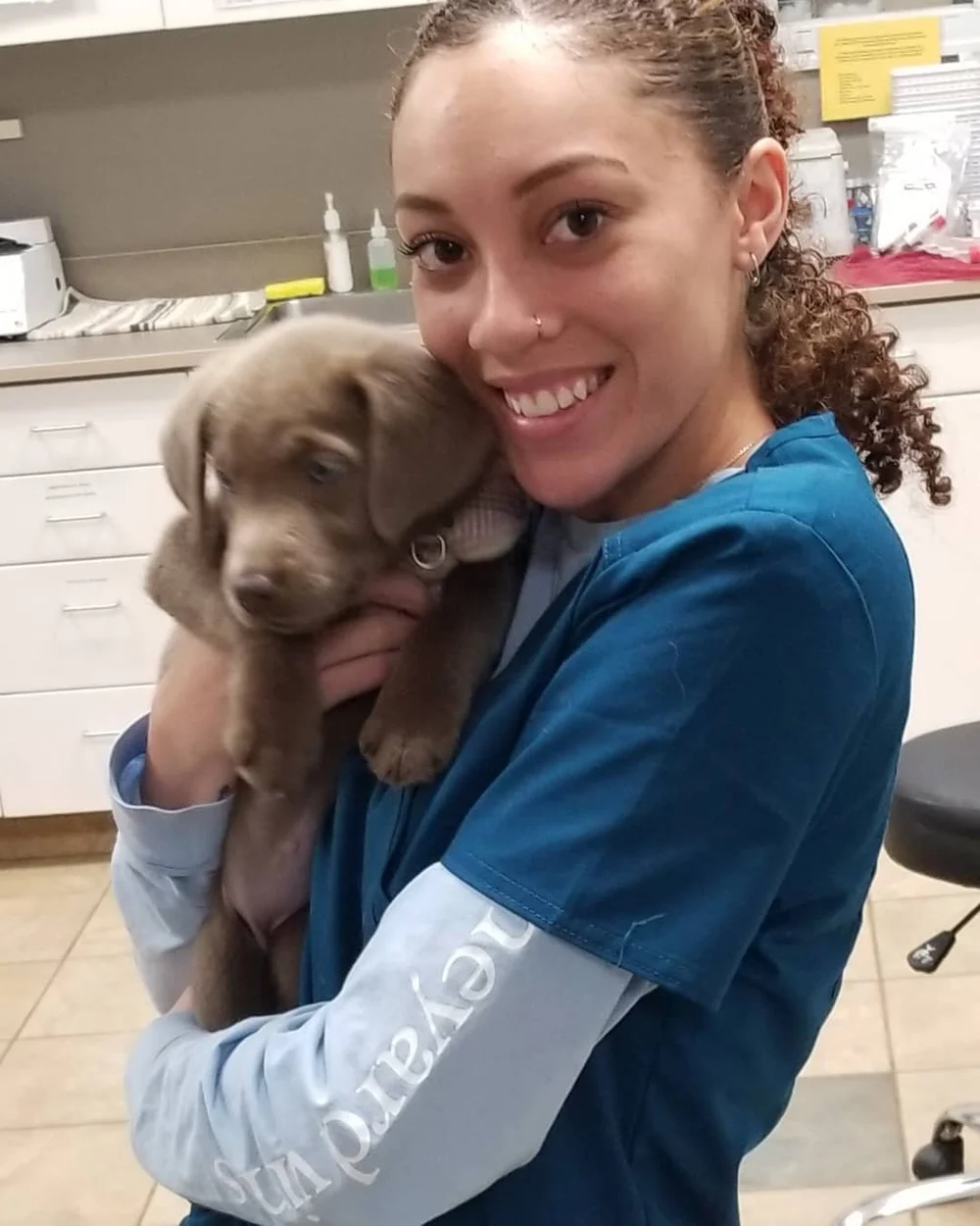 Veterinary team member holding a puppy