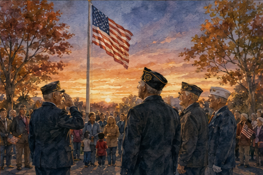 Veterans and neighbors gathered respectfully near an American flag