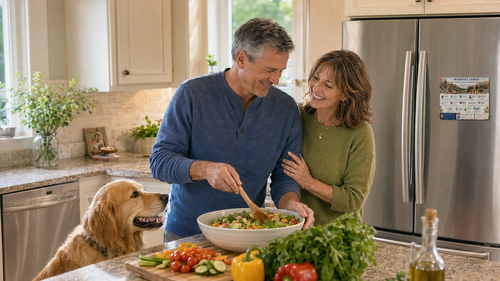 A local 55+ couple in their kitchen with the Trusted Home Services Guide displayed on the refrigerator