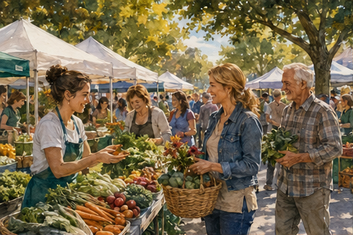 Neighbors shopping at an outdoor farmers market