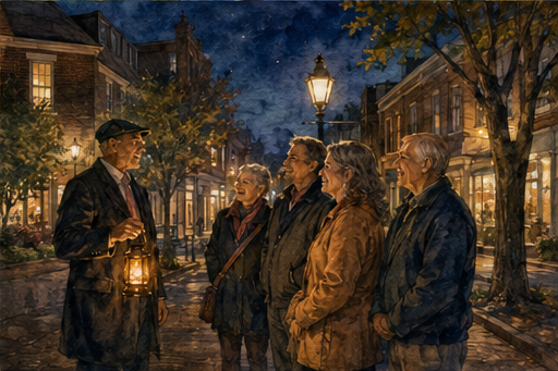 A guided evening walking tour through historic downtown streets