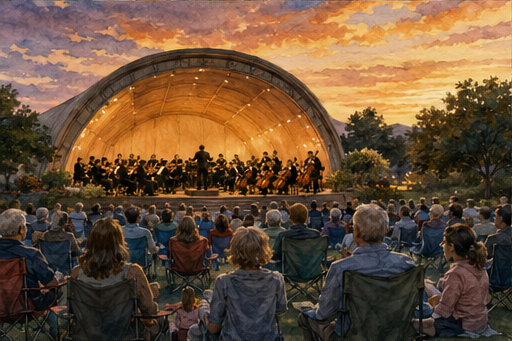 An orchestra performing outdoors at sunset