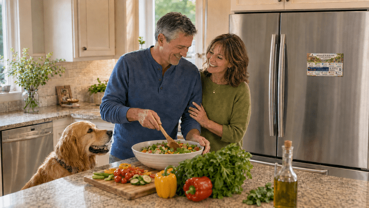 Senior couple at home with the Snellville Trusted Guide on their refrigerator