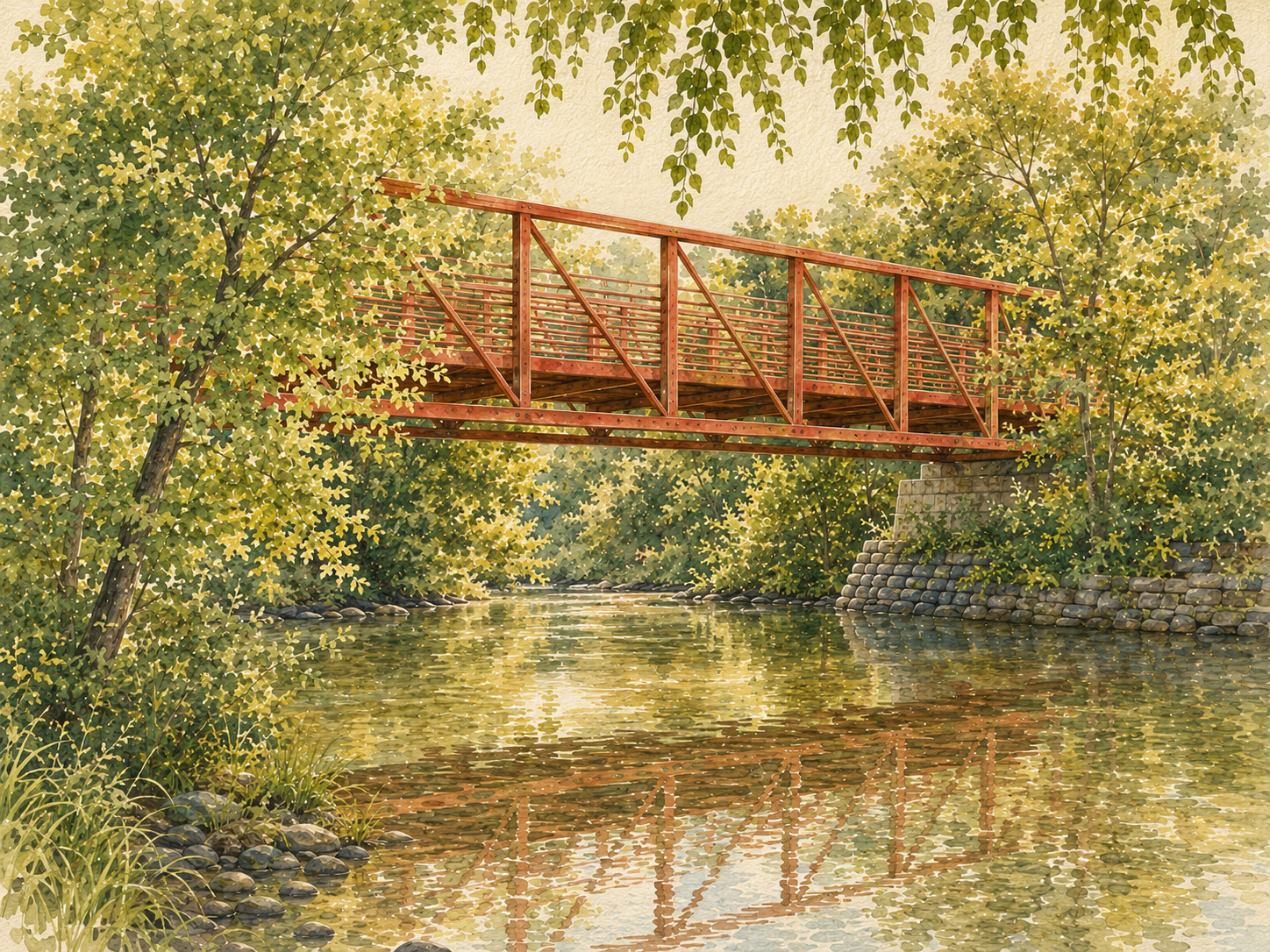 Watercolor view of Woodstock's red pedestrian bridge over reflective water.