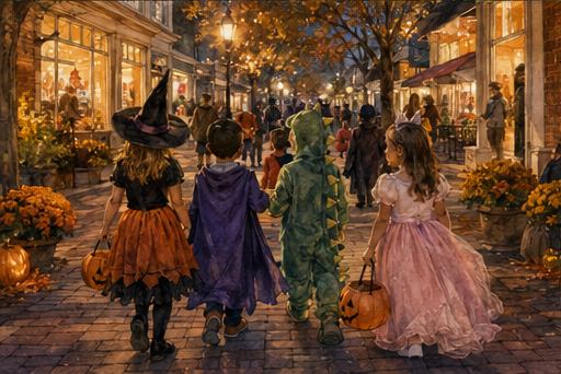 Families trick-or-treating among downtown shops