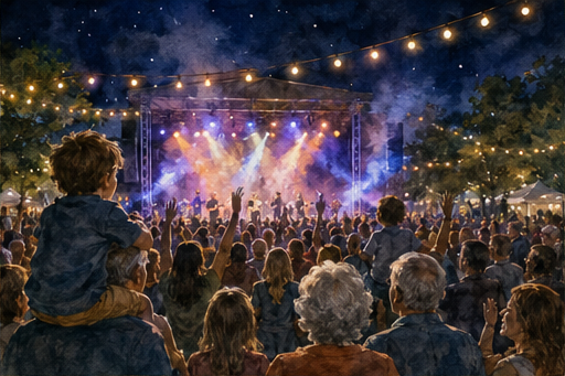 An outdoor concert under colorful stage lights