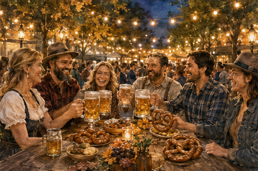 Friends gathering beneath lights for an Oktoberfest celebration