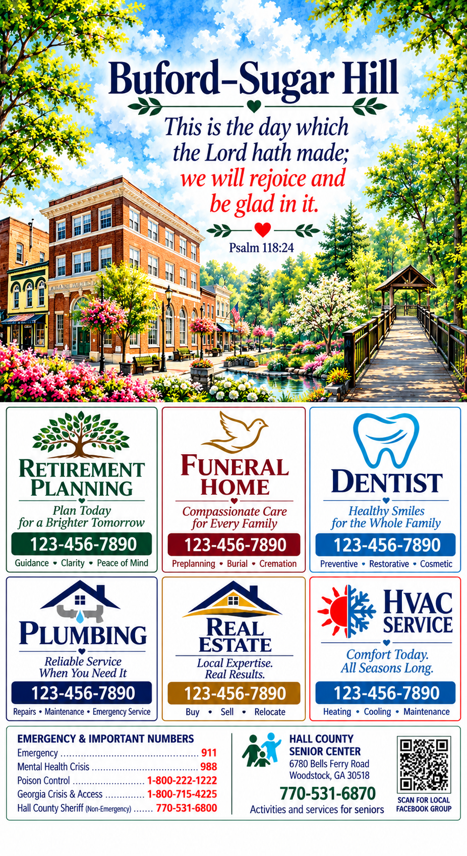Buford–Sugar Hill Trusted Community Guide watercolor magnet featuring downtown Buford and a Sugar Hill nature trail