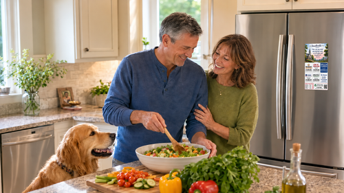 Senior couple at home with the Snellville Trusted Guide on their refrigerator