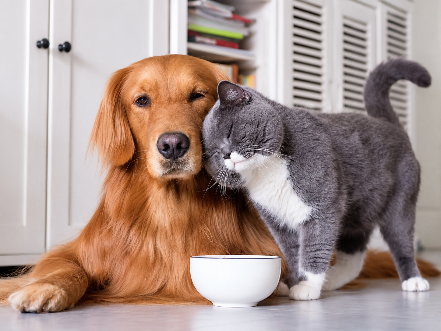 A golden retriever and gray cat together at home