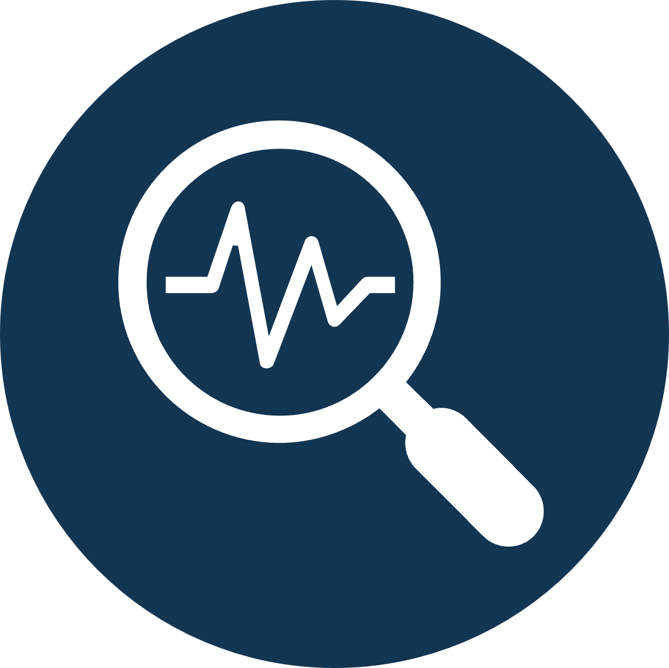 A magnifying glass with a health monitor heartbeat line inside, on a dark circular background.