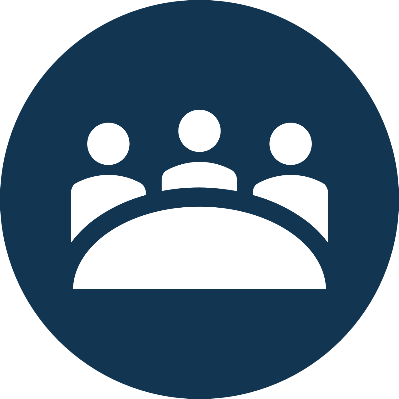 Icon of three people sitting around a table, representing a meeting or group discussion.