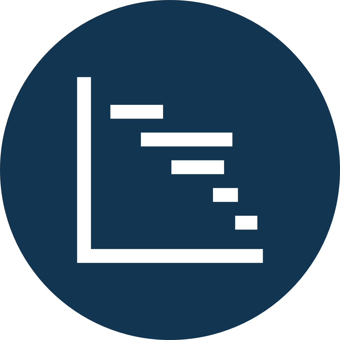 Icon of a bar chart with a descending trend line on a dark blue circular background.