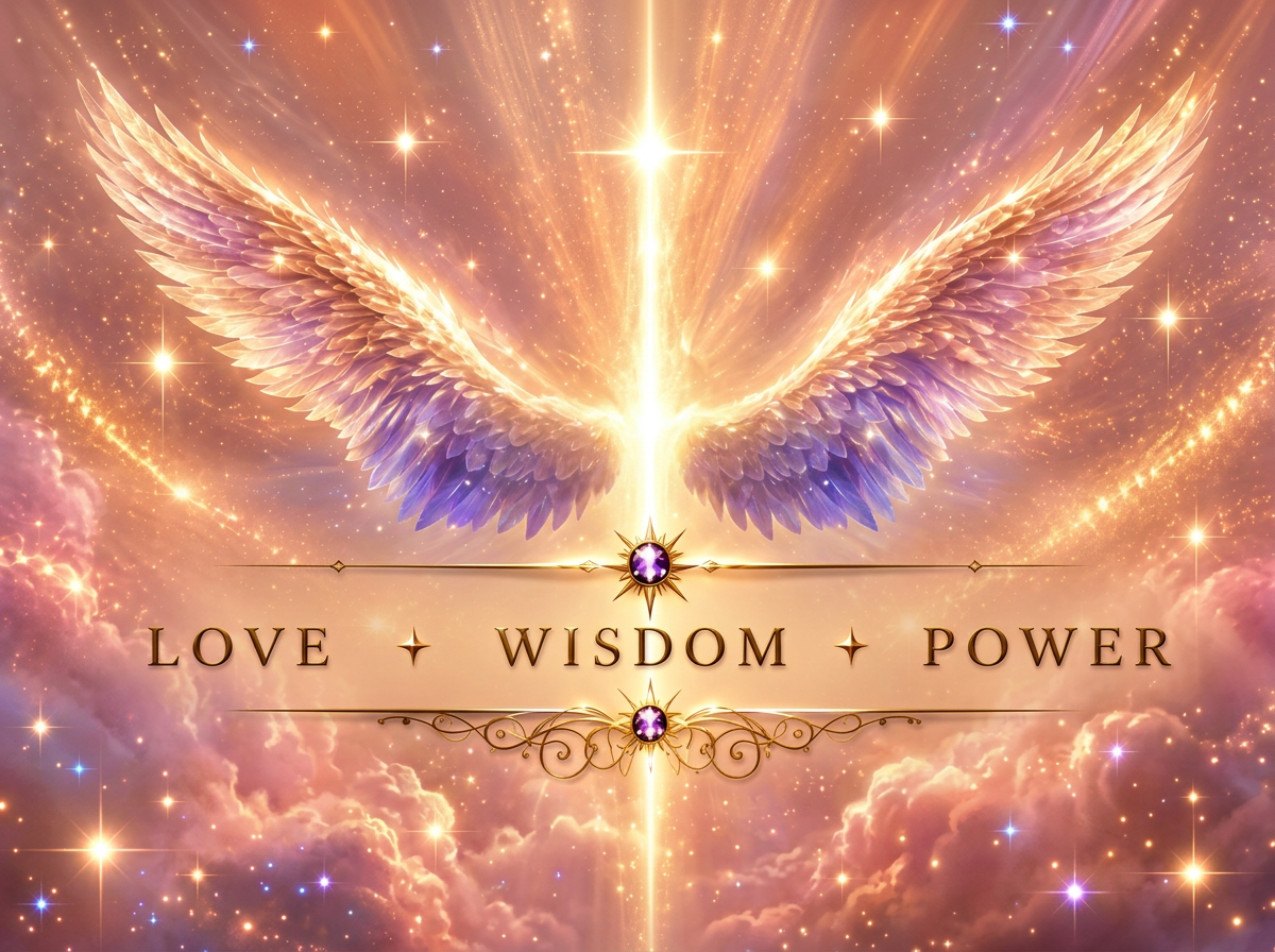 Angel wings made of light and feathers, with a luminous cross-like glow at the center. The background is a starry sky with clouds, and the words "Love, Wisdom, Power" are displayed at the bottom.