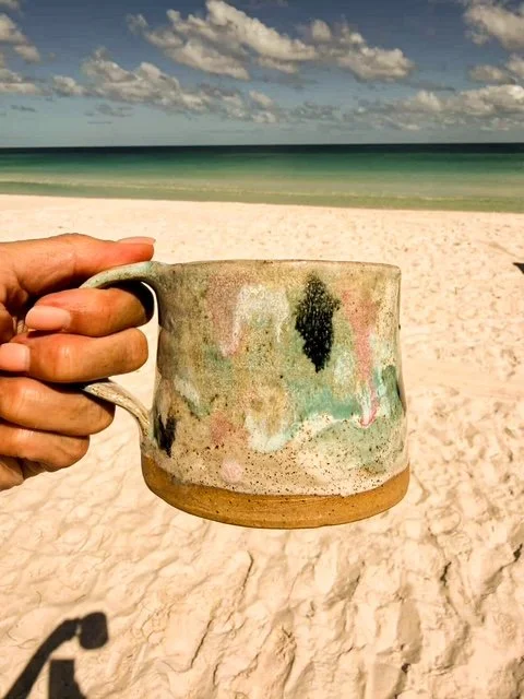 Handmade ceramic mug Blue and pink glaze