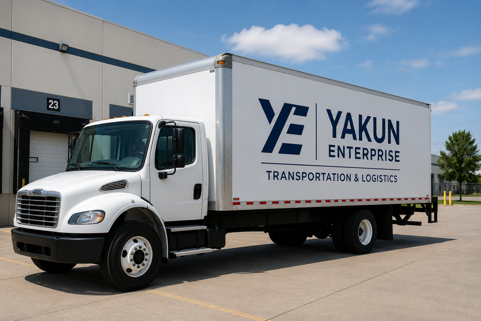 White delivery truck parked outside a warehouse with the logo 'Yakun Enterprise' and the text 'Transportation & Logistics' on the side.
