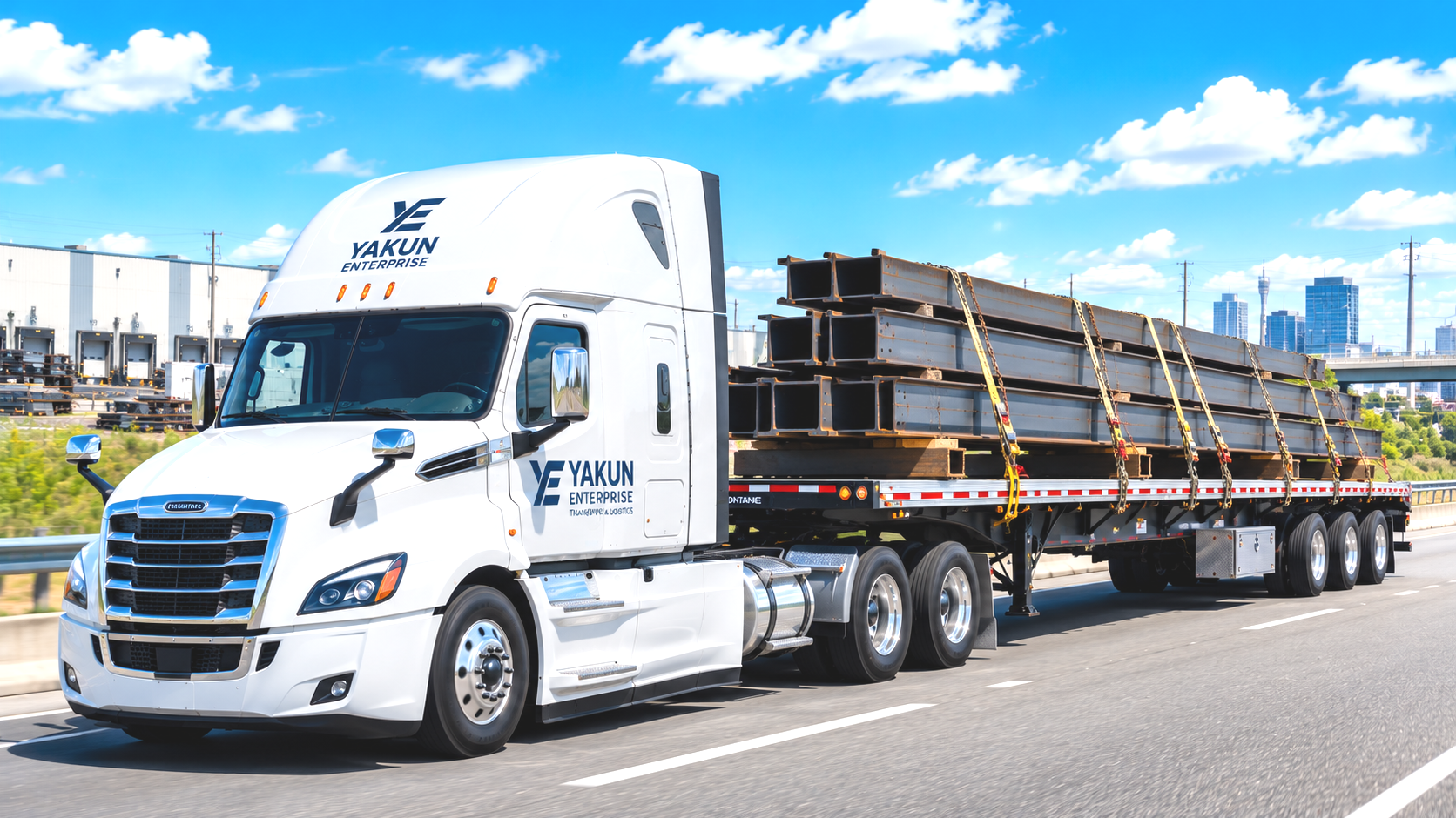 A white semi-truck with the logo 'Yakun Enterprise' on the door, transporting steel beams on a highway with city skyscrapers in the background.
