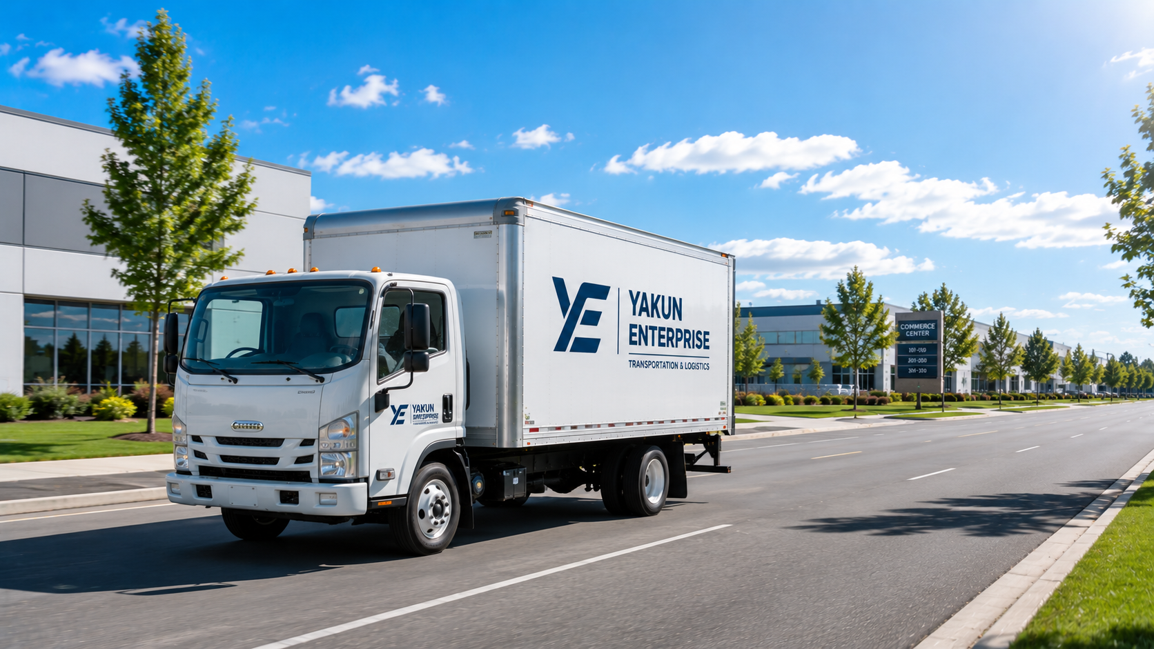 A white moving truck with the logo of Yakun Enterprise on the side drives down a city street on a sunny day. The background features modern office buildings, green trees, and a blue sky with scattered clouds.