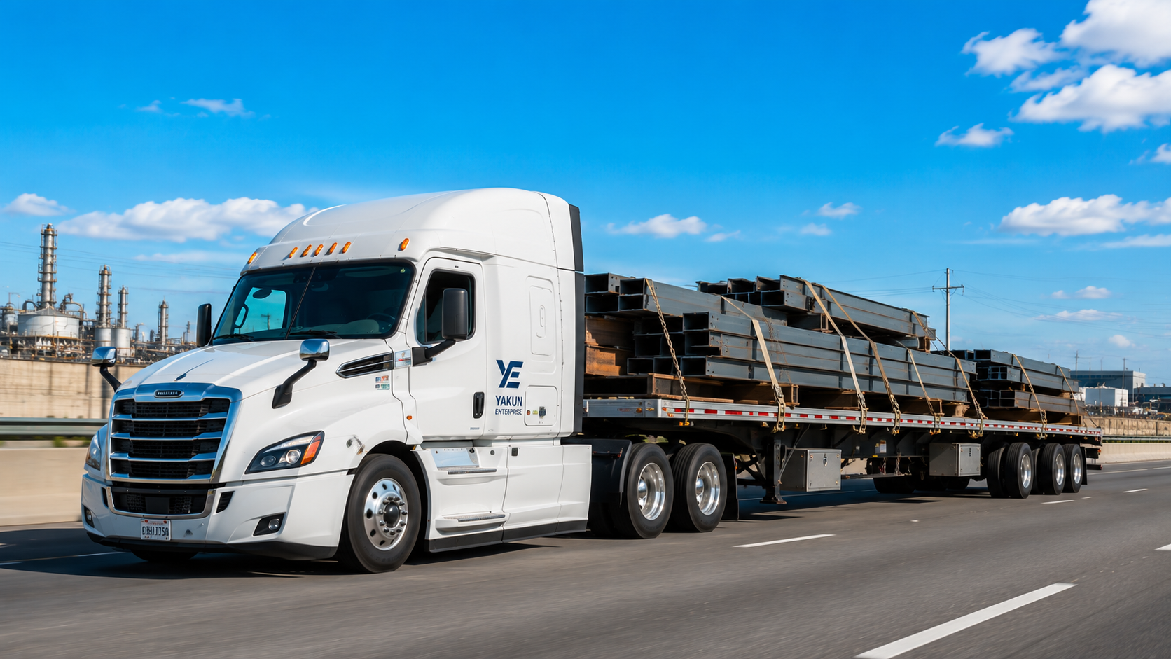 A white semi-truck with the logo 'Yakun Enterprise' on the door, hauling a flatbed trailer loaded with metal beams on a highway under a blue sky with clouds.