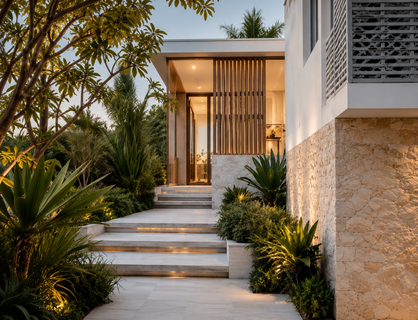 Modern house entrance with white marble stairs, lush greenery, and warm lighting.