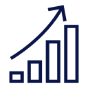 Graph with an upward trending arrow and bar chart bars in dark blue