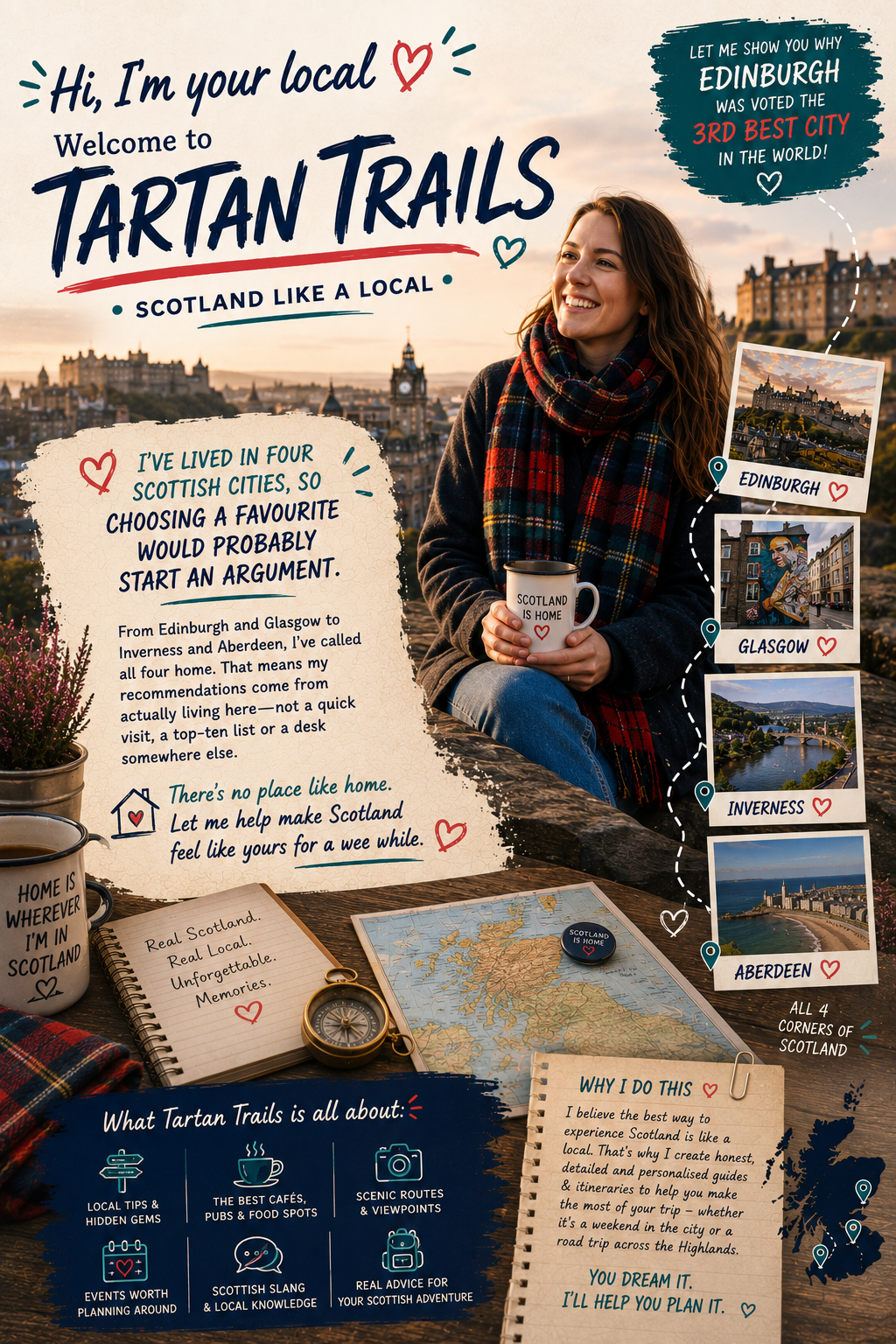 A smiling woman sitting outdoors during sunset, holding a mug that reads 'Scotland is home,' with a scenic cityscape behind her. The image features colorful handwritten notes about Edinburgh, Glasgow, Inverness, and Aberdeen, and includes maps, photos, and travel tips for exploring Scotland.